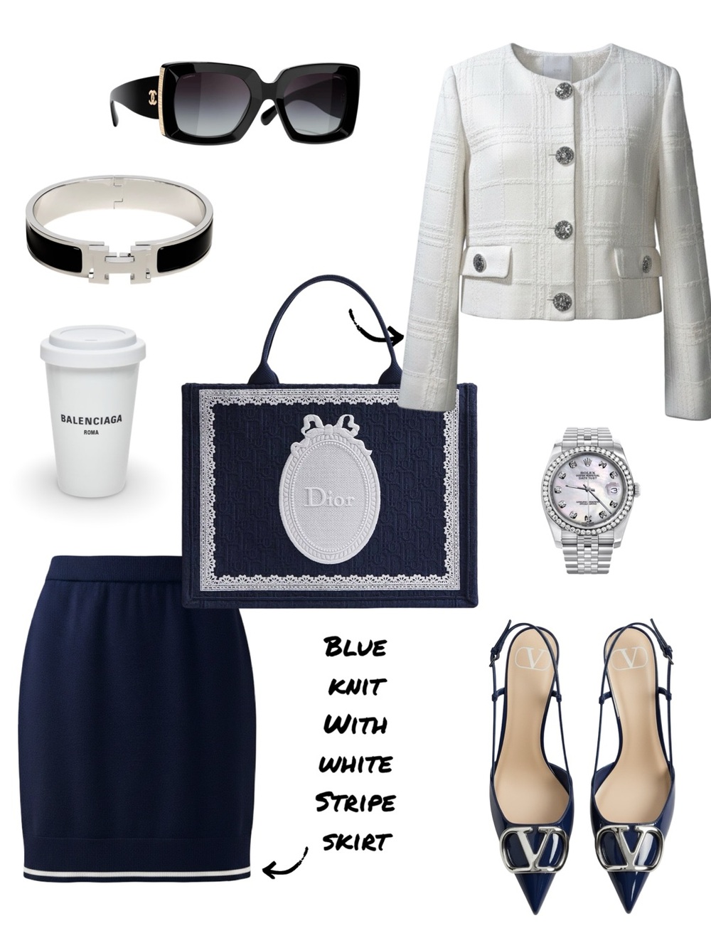 Navy Knit Pencil Skirt with White Stripe - Designer Style